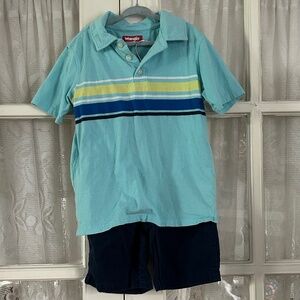 😉Bundle Day😉Wrangler Boys Polo Shirt Blue Shorts Horizontal Stripe Matching Set